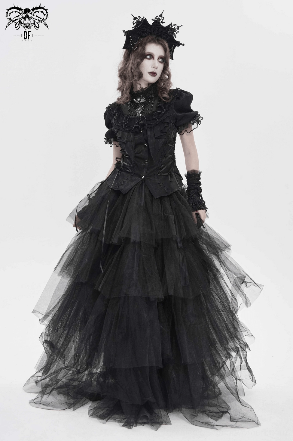 Black gothic blouse puff sleeves with lace trim showing romantic gothic fashion details