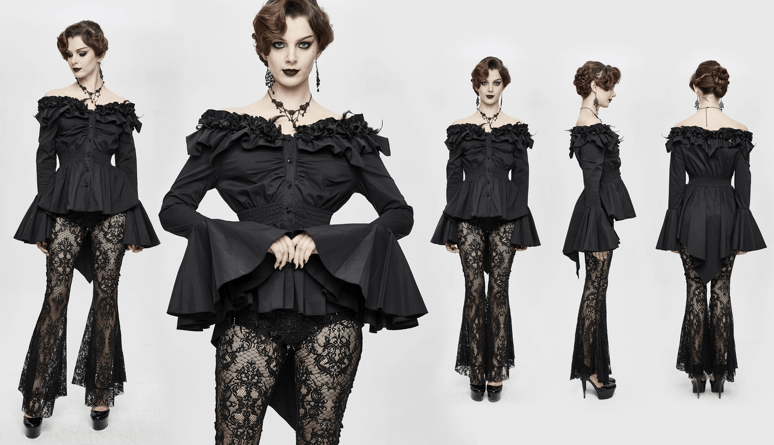 Detailed view of gothic blouse showing decorative rose buttons, smocked waistband elasticity, peplum hem asymmetry, and overall construction quality