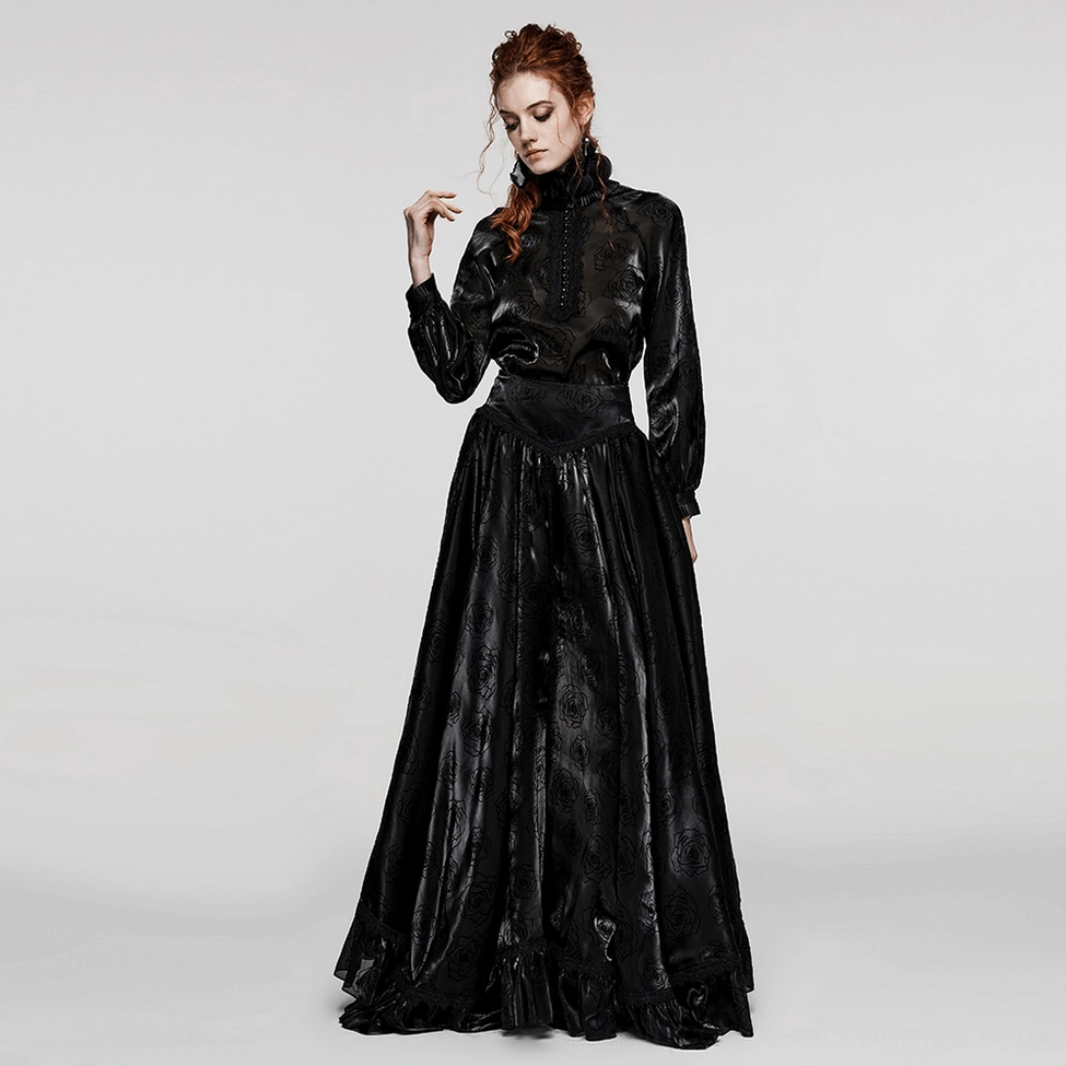 Black rose gothic blouse mesh and rose flock pattern - detailed view of printed rose design on sheer fabric