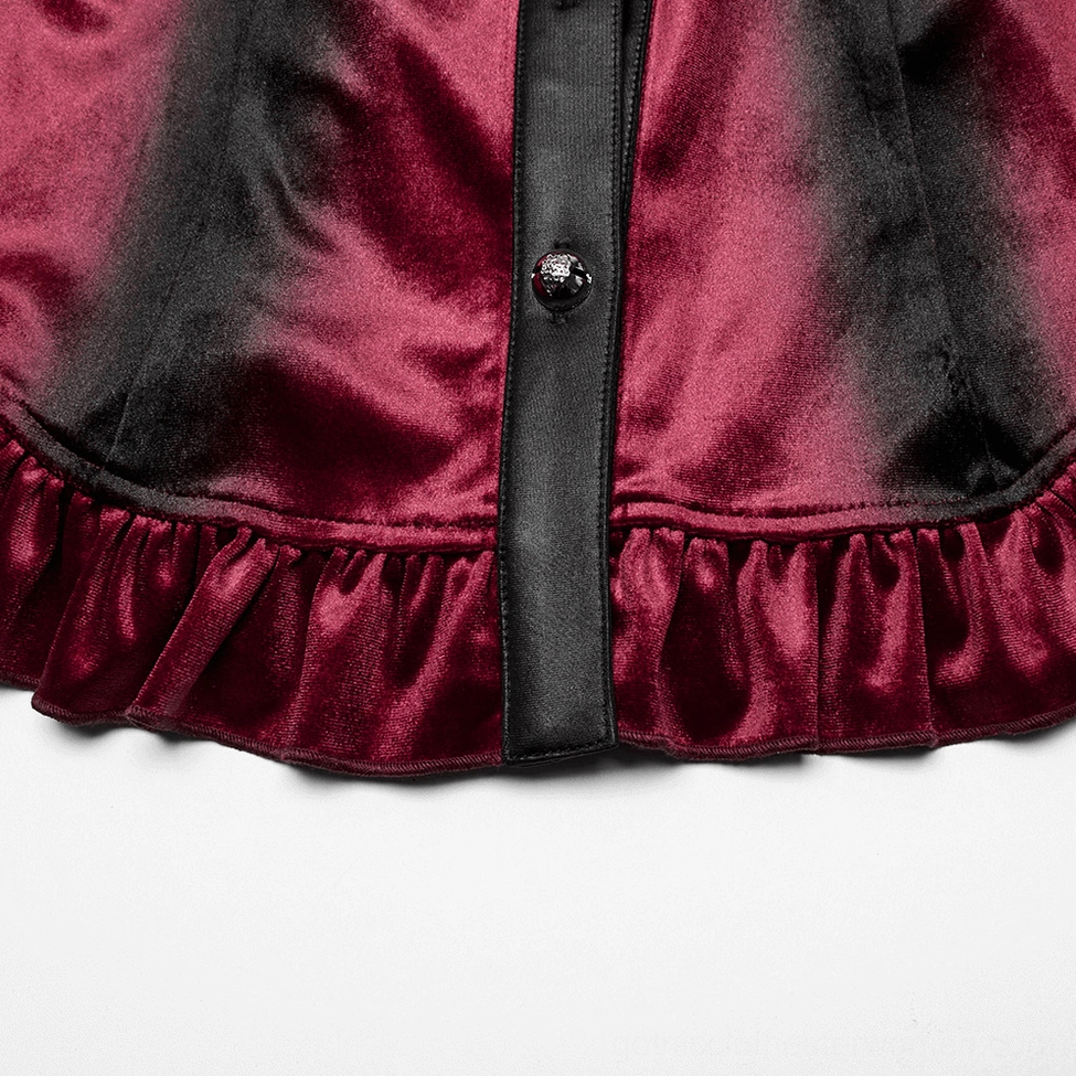 Ruffle hem and black trim placket close-up detail of burgundy velvet Gothic blouse