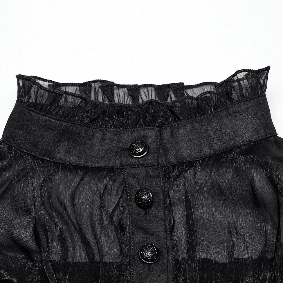 Gothic blouse ruffled high collar neckline detail close-up with decorative button placket