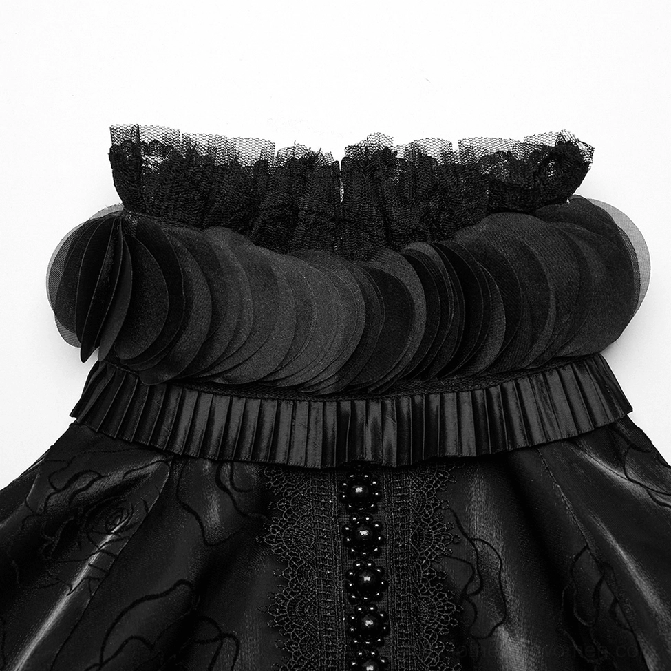 Rose mesh gothic blouse high collar close-up - multi-layer ruffled neckline and pleated mesh detail