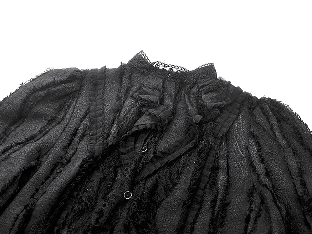 Close-up detail of black gothic blouse ruffled stand collar, showcasing frayed woven fabric texture and intricate lace layering