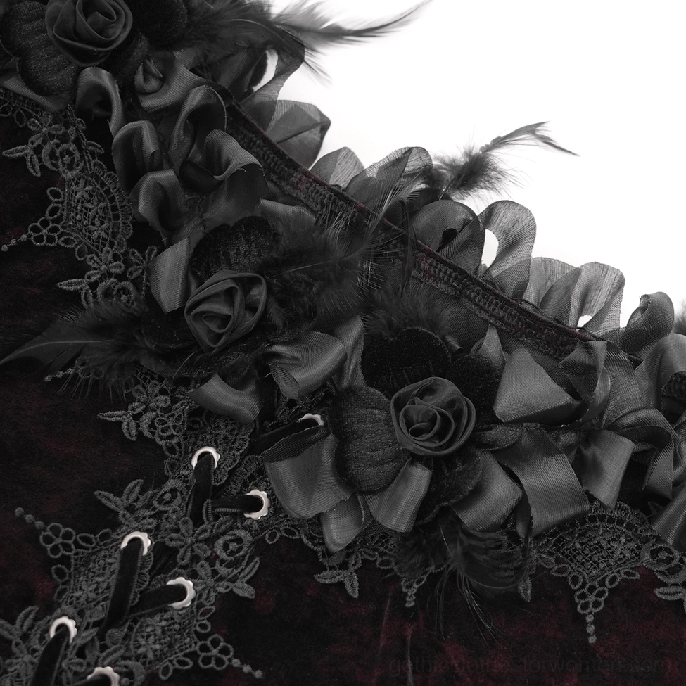 Flat lay front view of gothic velvet blouse featuring feather-adorned ruffled collar and embroidered lace details