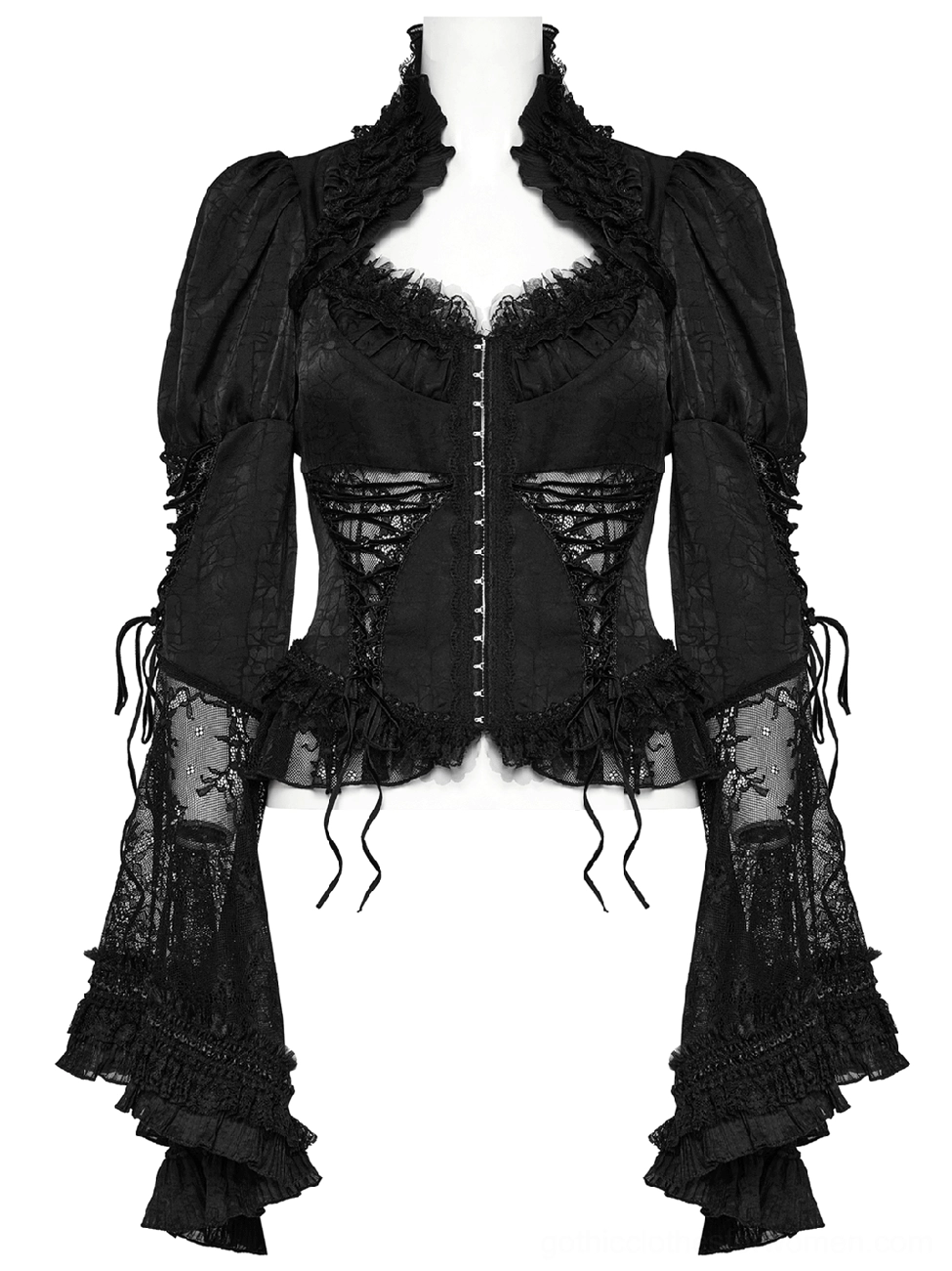 Gothic blouse front mannequin view featuring ruffled stand collar, lace-up closure, and sheer lace sleeves