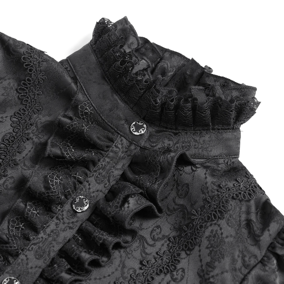 Close-Up Detail of Ruffled Lace Collar and Metal Buttons on Gothic Blouse