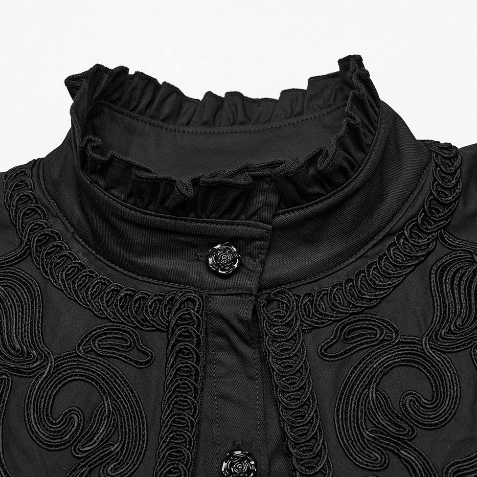 Close-up detail of ruffled collar and rose-shaped hand-sewn buttons on gothic blouse