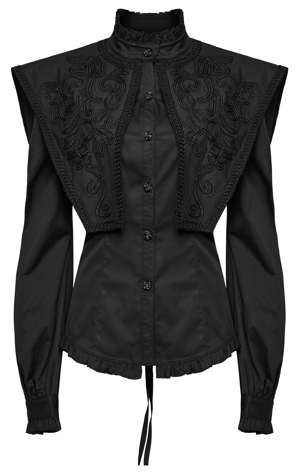Front view of gothic black blouse with ruffled standing collar and hand-sewn rose button placket