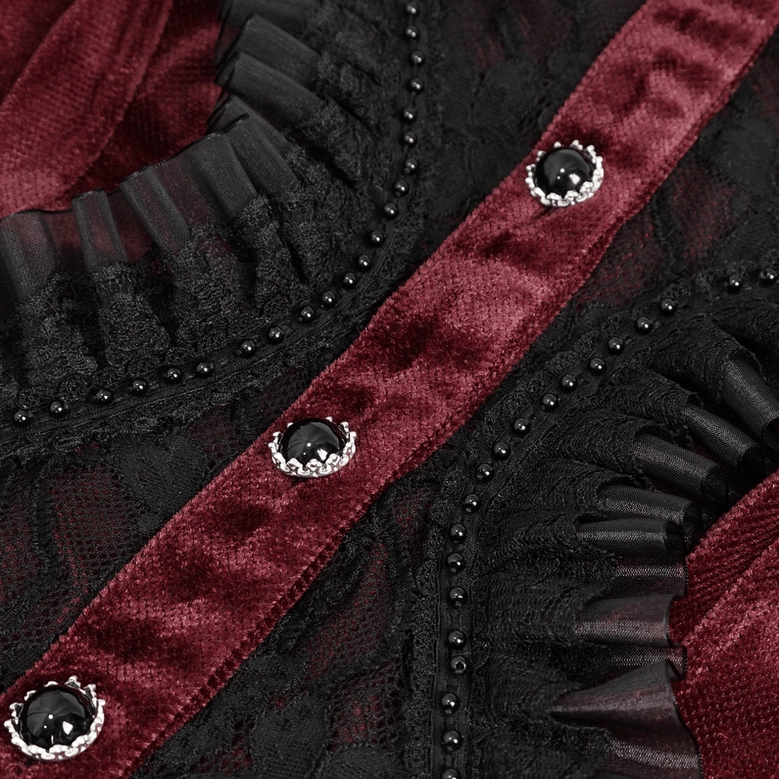 Intricate ruffled black lace trim with beaded edge detail on alternative gothic blouse