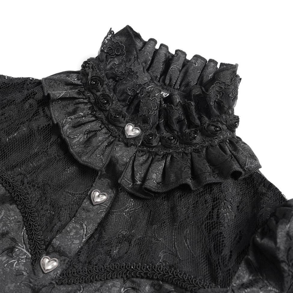 Gothic lace blouse ruffled high neck neckline detail, heart-shaped buttons, intricate lace yoke panel