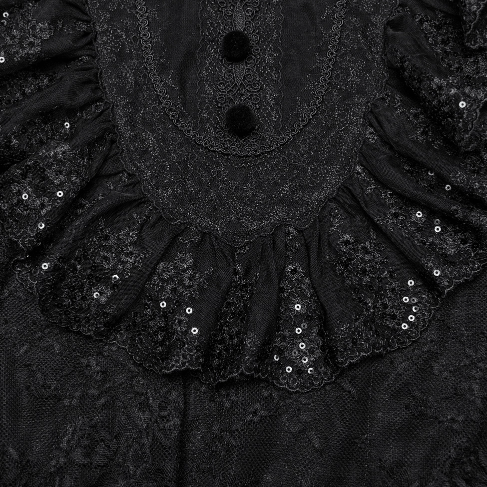Black lace gothic blouse front ruffle - sequined 3D ruffled bib embellishment