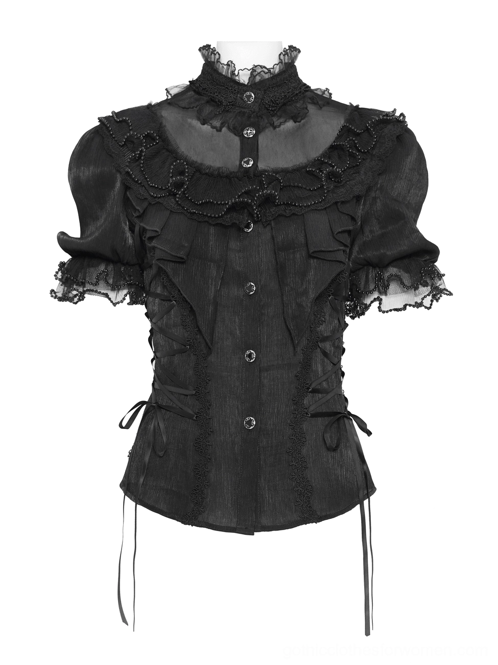 Gothic blouse with sheer mesh yoke and layered ruffled neckline - front view mannequin display