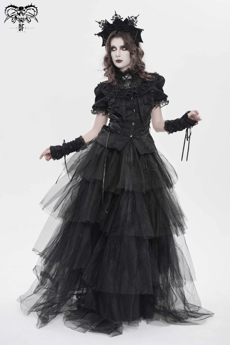 Gothic blouse sheer mesh yoke and decorative ruffled neckline showing Victorian romance aesthetic