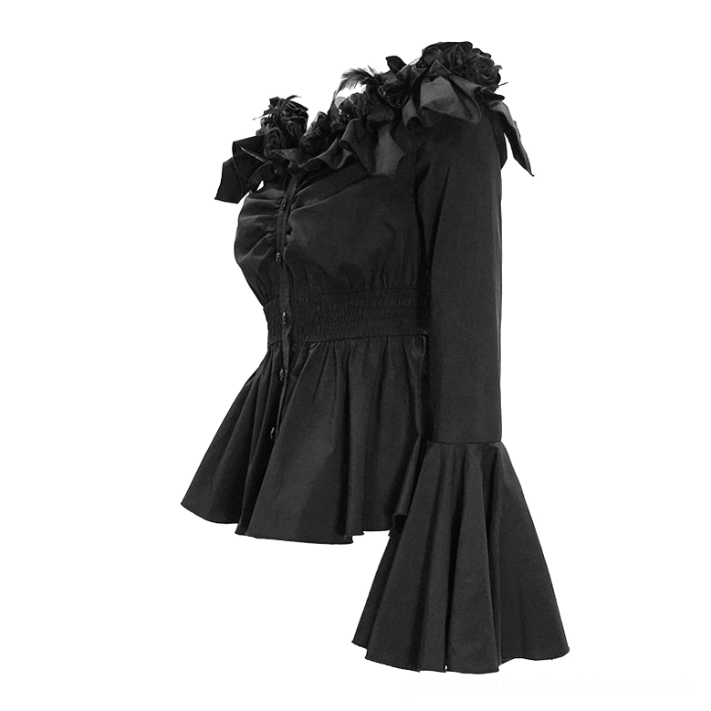 Side angle view of gothic blouse highlighting bell flare sleeve architecture, peplum hem construction, and off-shoulder rose trim placement