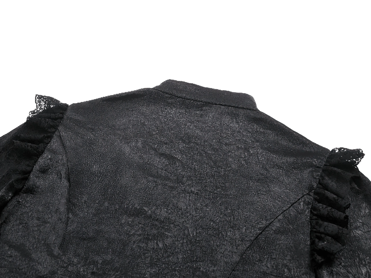 Side angle view of gothic blouse showing sleeve volume, ruffle details, and overall dramatic silhouette