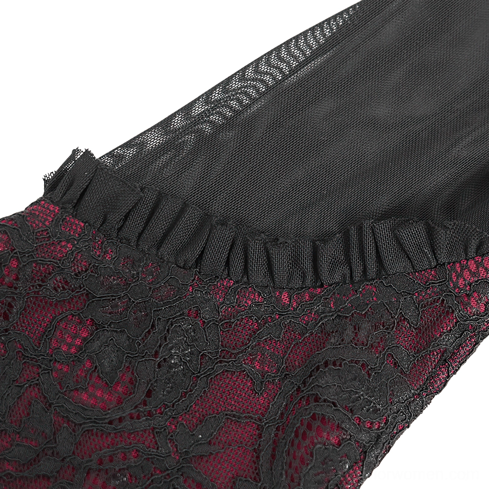 Side close-up view of gothic lace blouse highlighting ruffled mesh trim, black floral lace, and wine-red base fabric textures