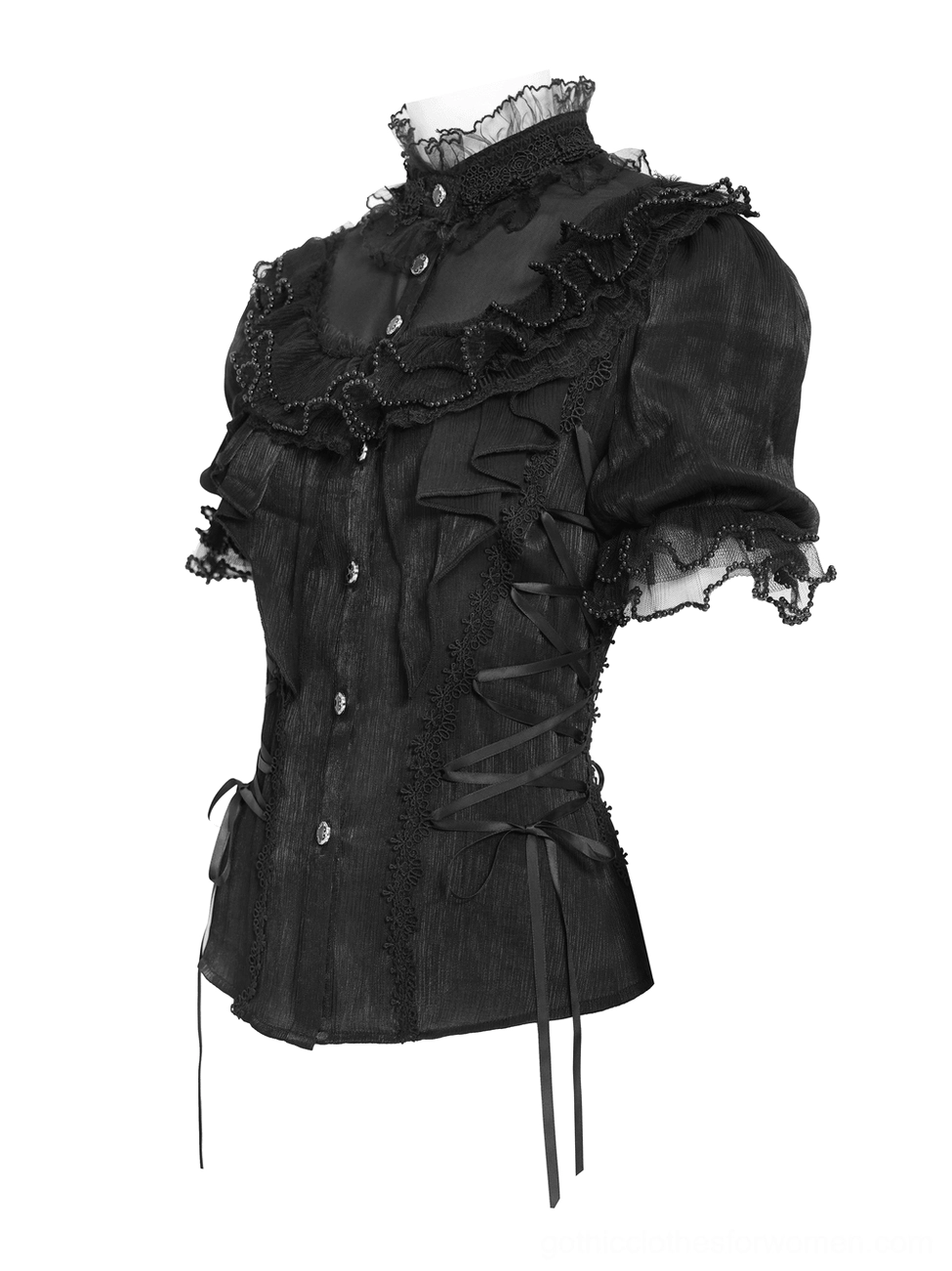 Black gothic blouse with side ribbon lace-up and structured puff sleeves - side profile view