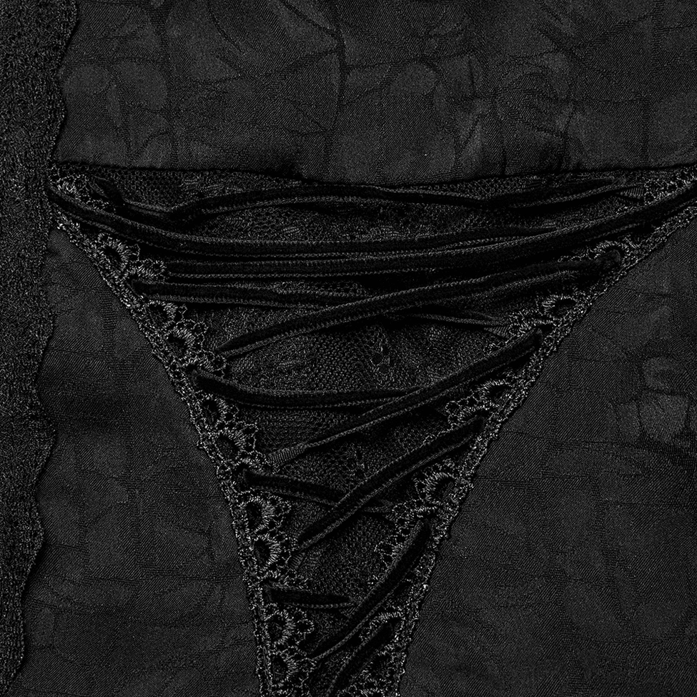 Detailed view of gothic blouse side lace-up feature with ribbon corset lacing and matte jacquard texture