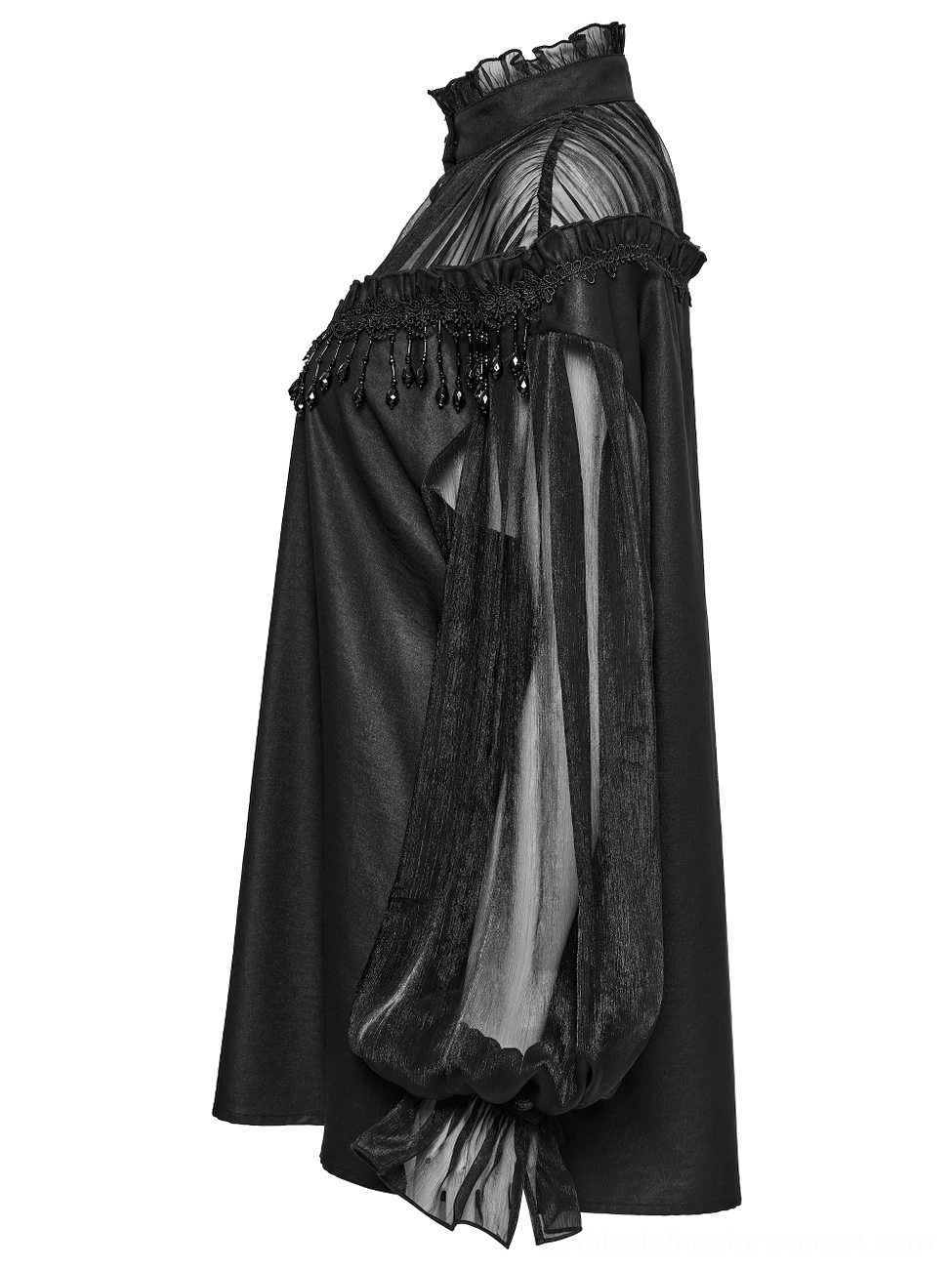 Black gothic blouse side flat lay featuring sheer side panels and flared ruffled cuff details