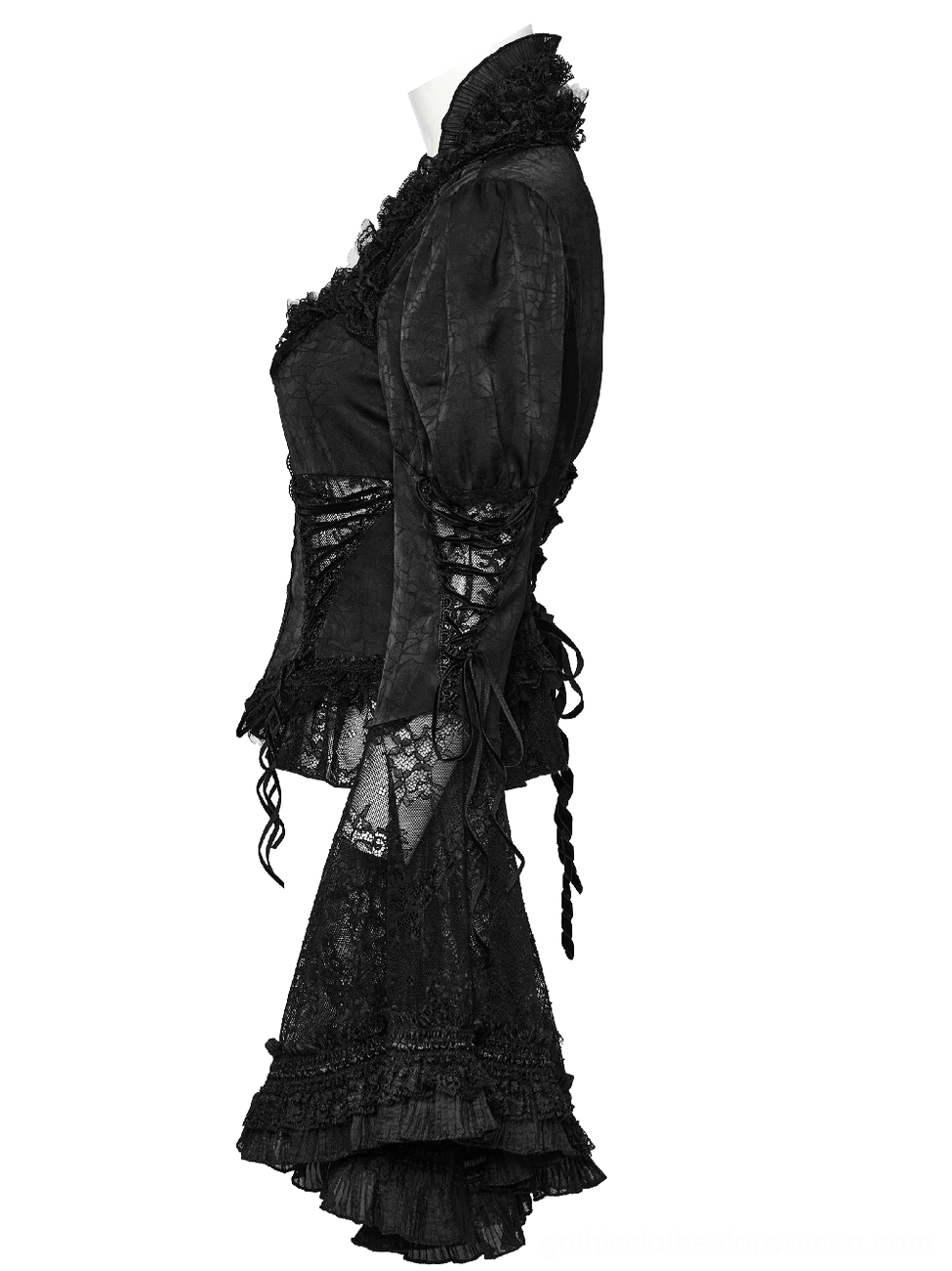 Gothic blouse side profile showing asymmetric hem, lace-up sleeve details, and voluminous flared lace sleeves