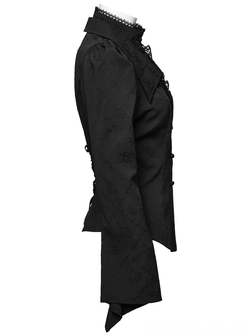 Side view of victorian gothic blouse showing structured stand collar and pointed cuffs