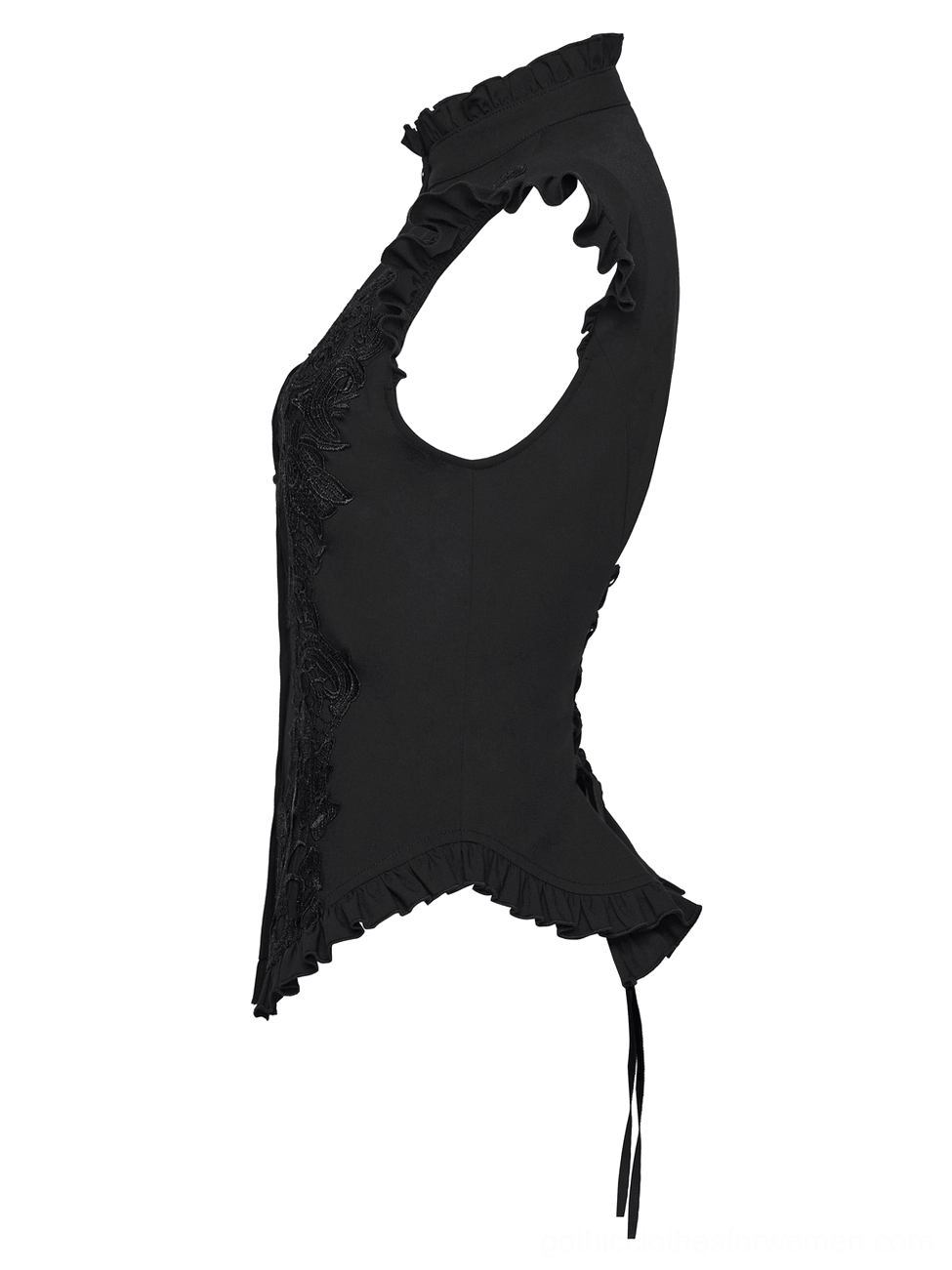 Black gothic blouse side view - showing ruffled hem and lace-up corset back closure detail