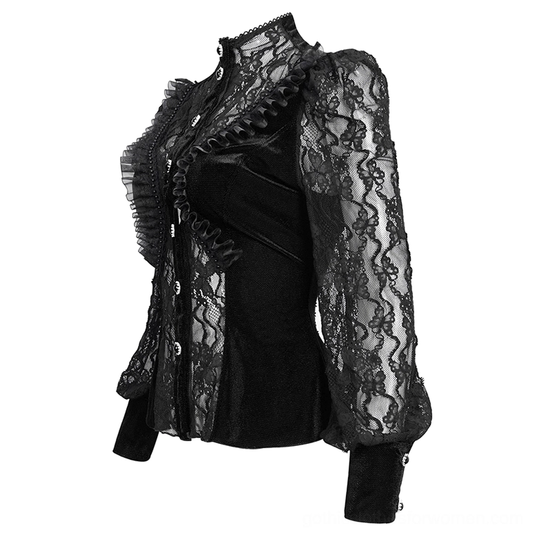 Side view of black gothic blouse displaying sheer lace puff sleeves, velvet front panels, and ruffled decorative details