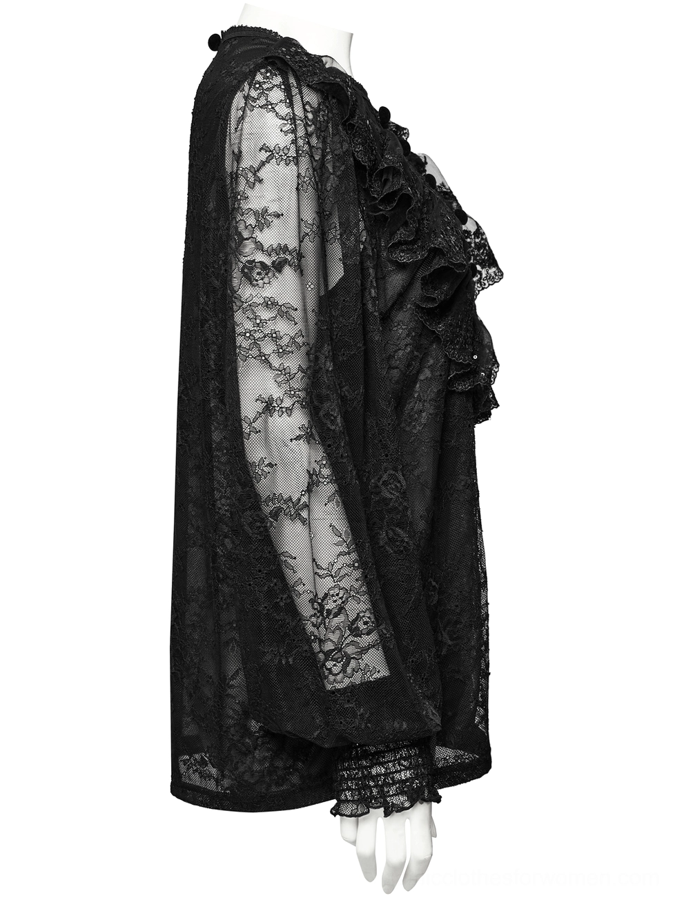 Gothic lace blouse side view - sheer lace sleeves and fitted cuff detail