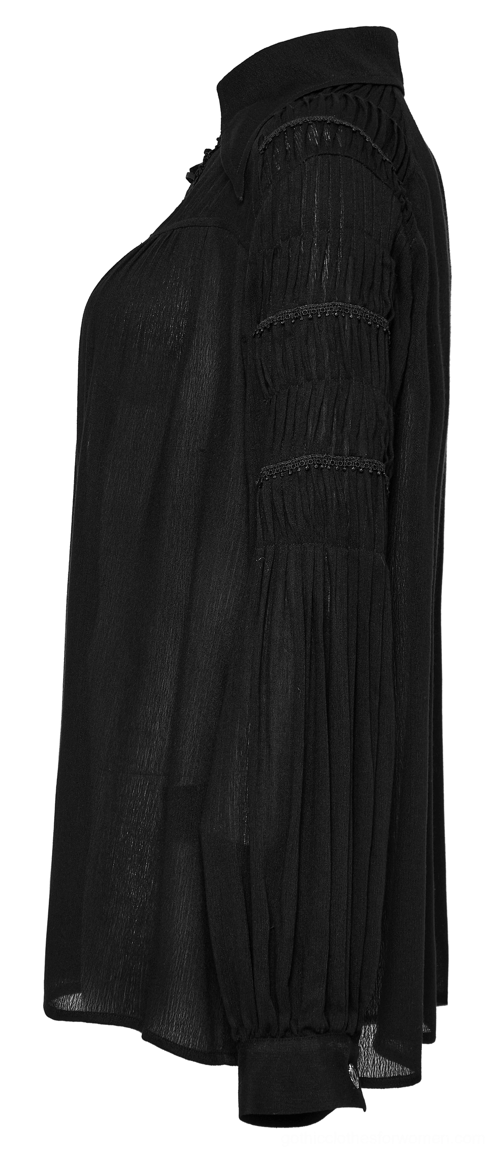 Black gothic blouse side flat lay highlighting pleated lantern sleeves and high collar construction