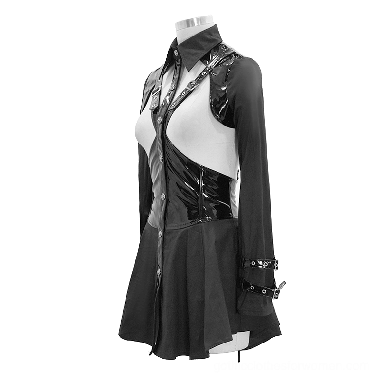 Gothic blouse side view - patent leather accents and buckle cuffs mannequin