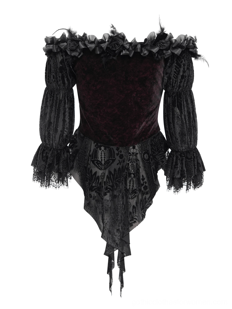 Side view flat lay of gothic off-shoulder velvet blouse showing puffed tiered sleeves and floral lace trim