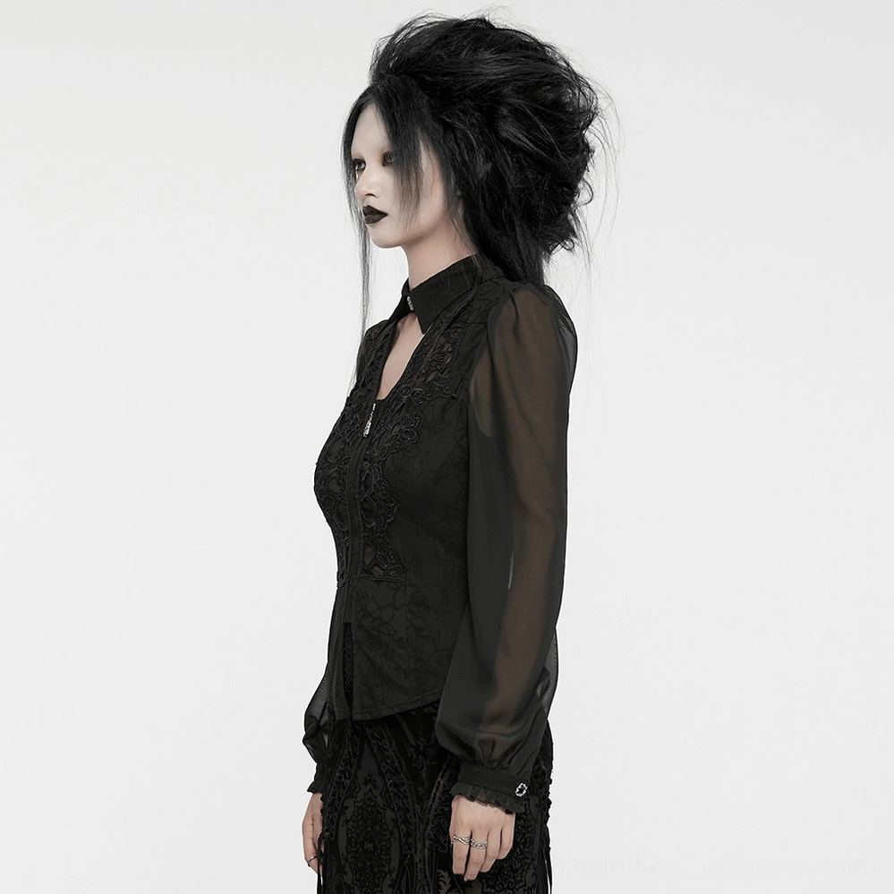 Black gothic blouse sizing and fit reference showing model wearing size XS with body measurements for comparison