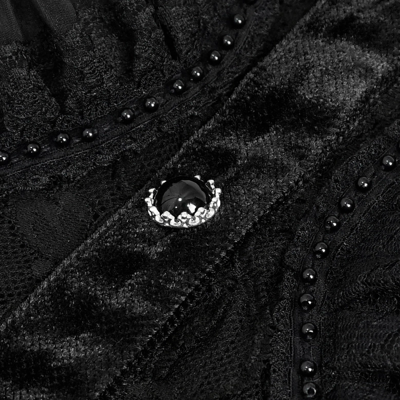 Black gothic velvet lace blouse sleeve detail showing gathered lace ruffle construction and velvet transition points