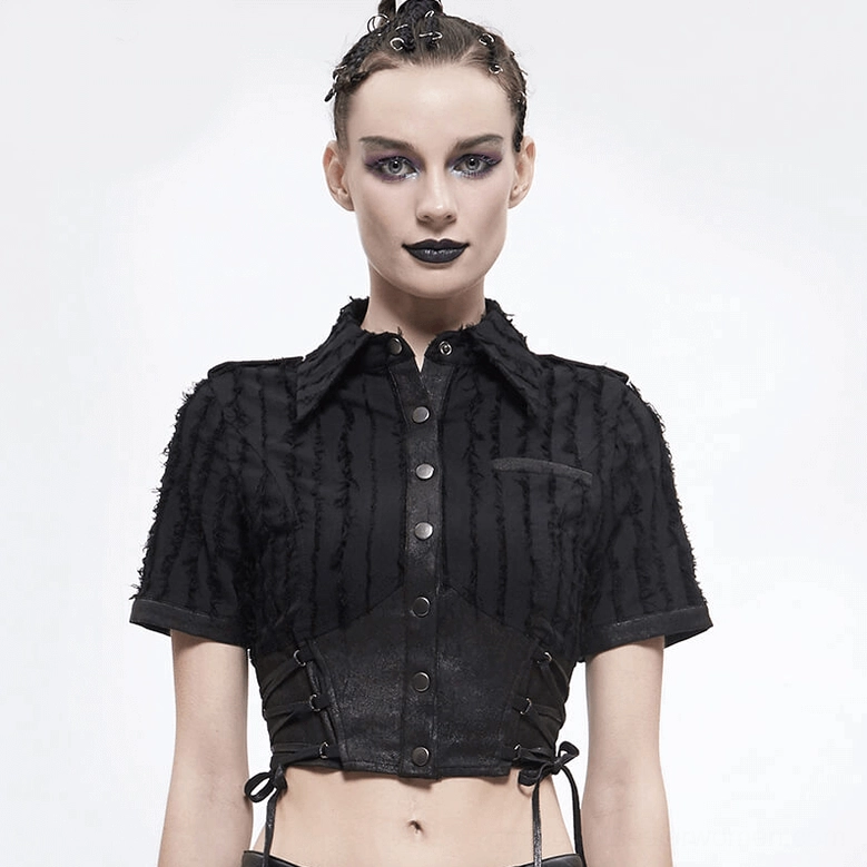 Black gothic blouse showcasing overall silhouette with cropped length and slim-fit tailoring