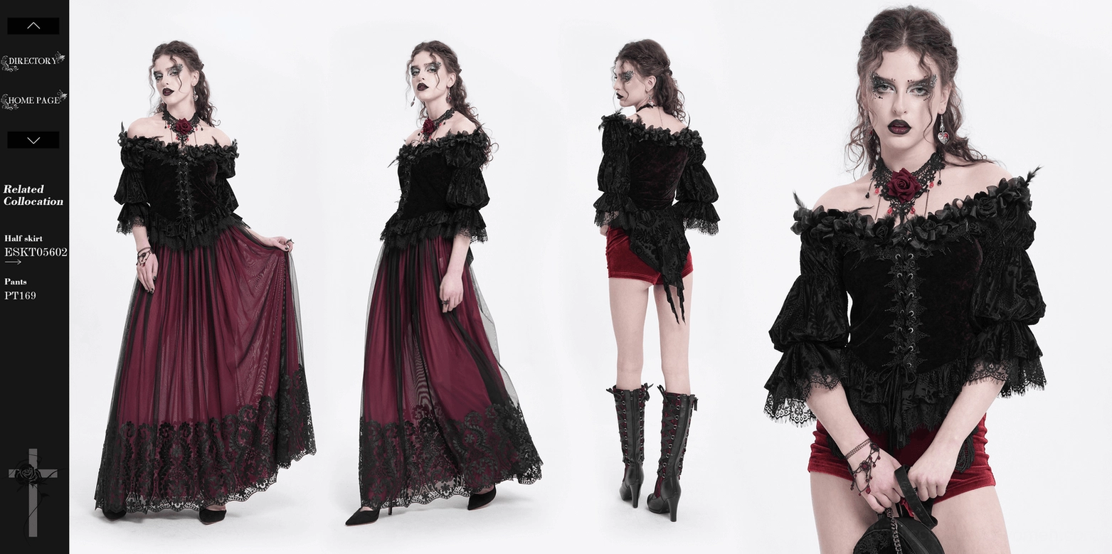 Studio lighting detail of gothic off-shoulder velvet blouse showing wine red color depth and lace-up corset front