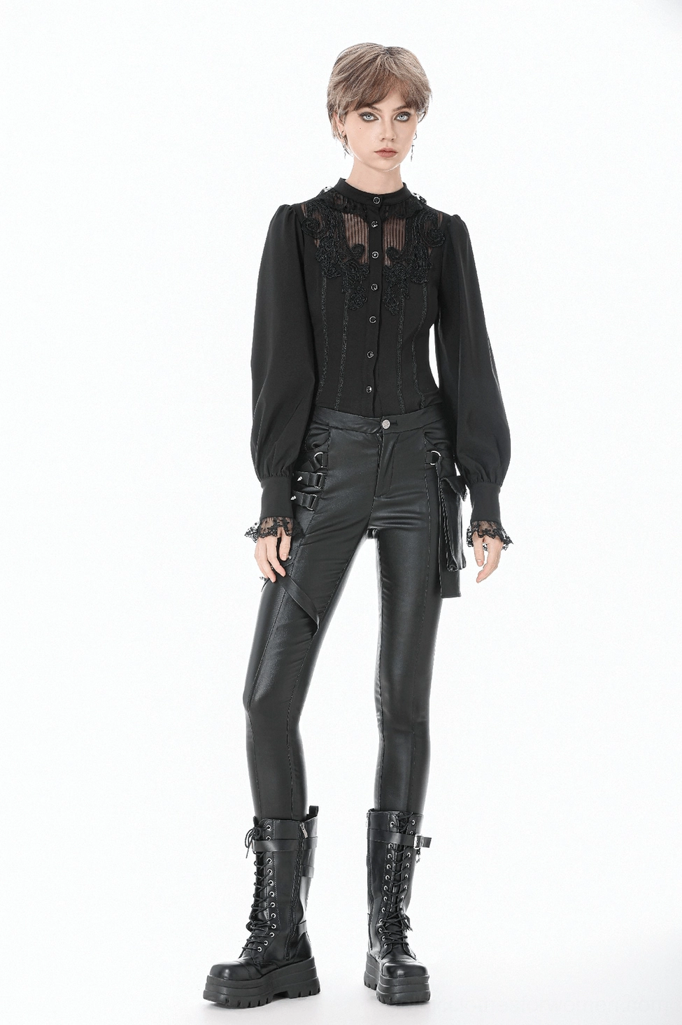 Black gothic lace blouse styling flat lay with accessories showing complete alternative fashion outfit