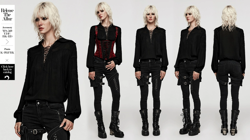 Alternative fashion gothic blouse styled details showing versatile pairing options and aesthetic range
