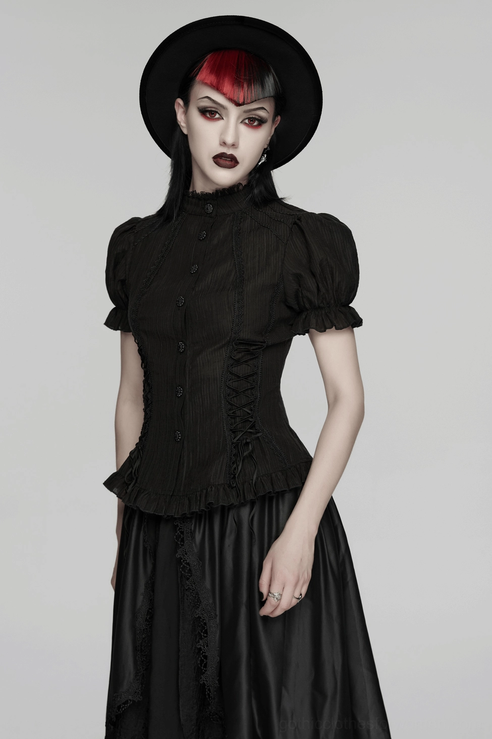 Black Victorian gothic blouse styling inspiration showing alternative gothic fashion coordination possibilities