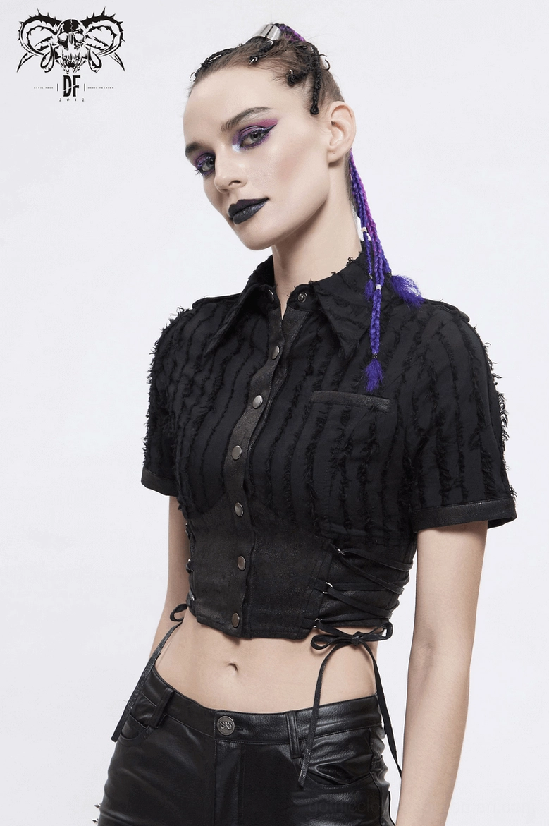 Size comparison or additional styling view of black cropped gothic blouse with metal button details