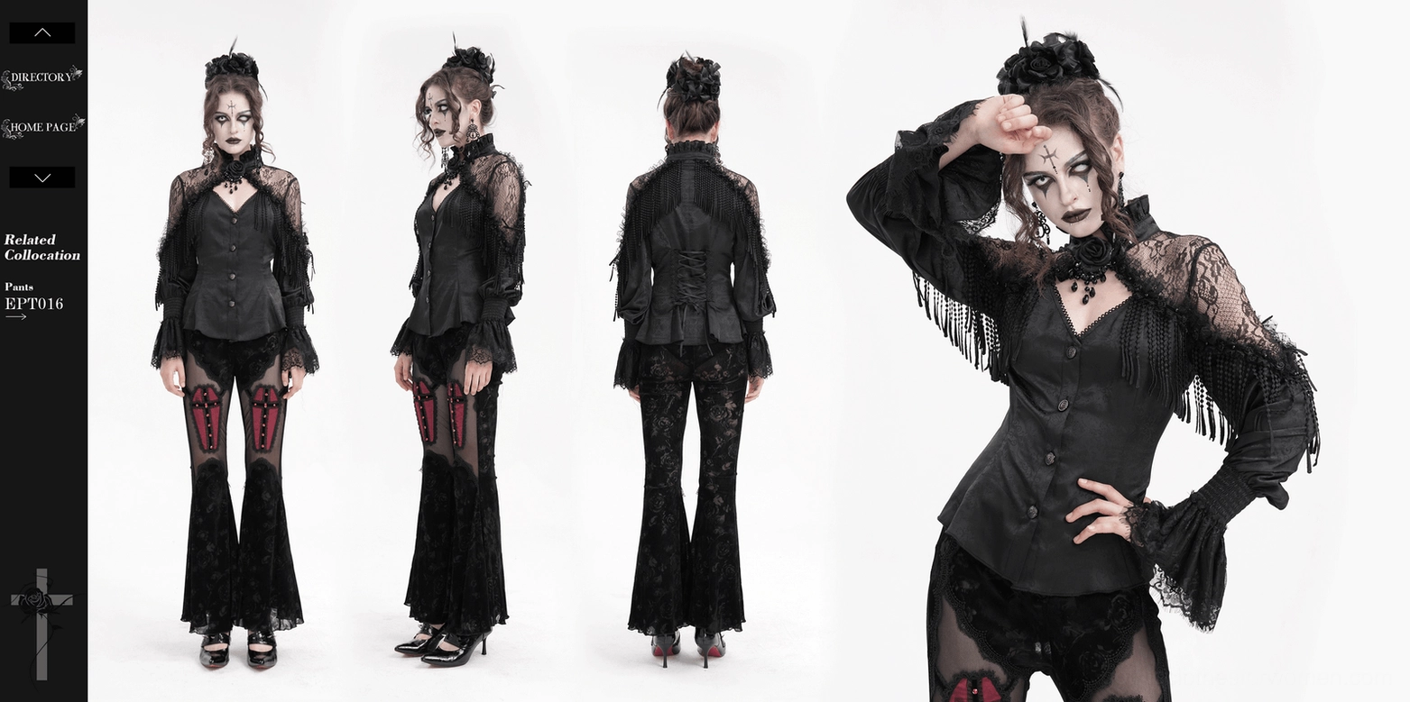 Complete styling reference of black Victorian gothic blouse paired with accessories, demonstrating versatile fashion coordination options