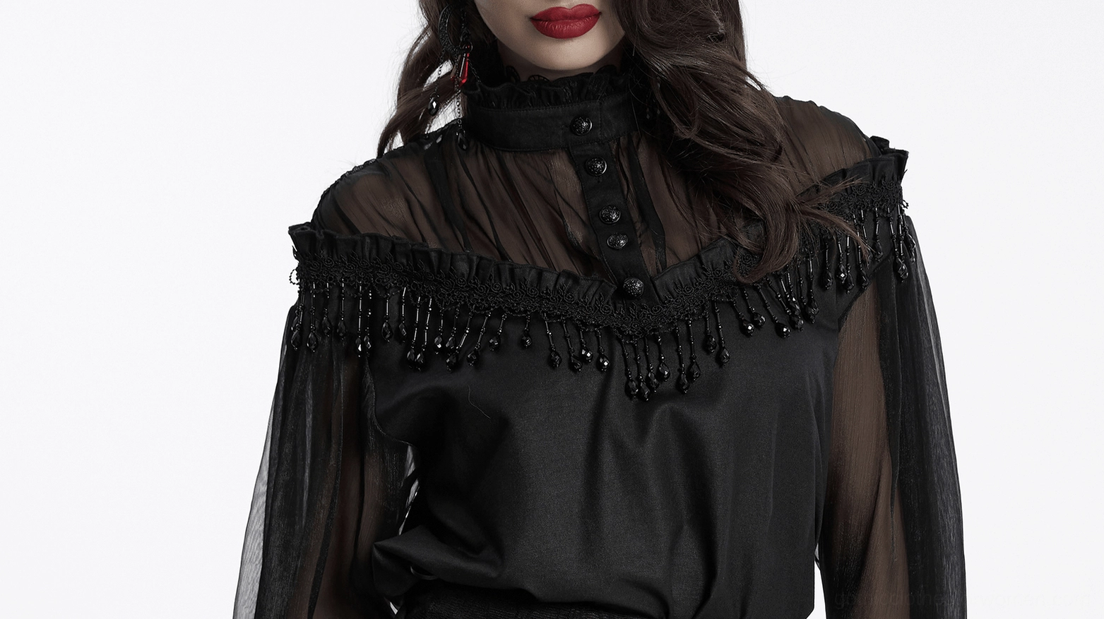 Black gothic blouse texture detail showing polyester chiffon blend and beaded ornamentation