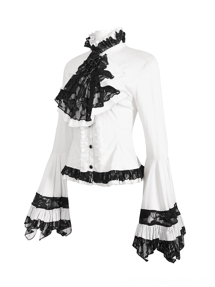 Three-quarter front view of gothic Victorian blouse featuring black lace neck jabot and fitted waist silhouette on display mannequin