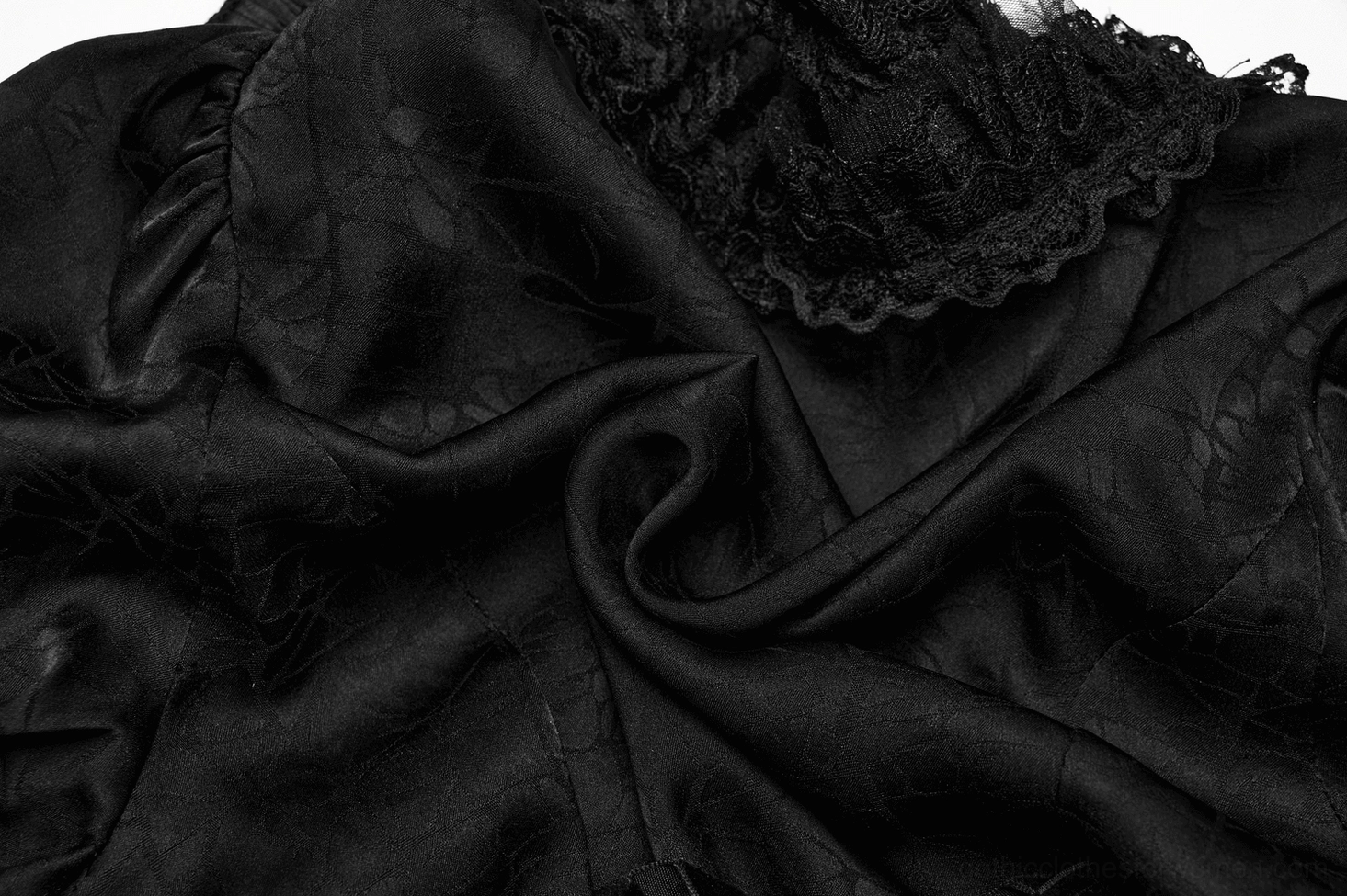 Gothic blouse three-quarter profile showing overall silhouette, fit, and dramatic sleeve proportion