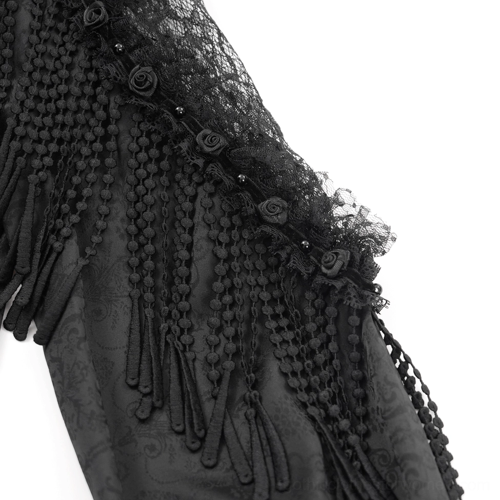 Three-quarter length view of Victorian gothic blouse showing fitted silhouette, intricate lace work, and overall tailored construction