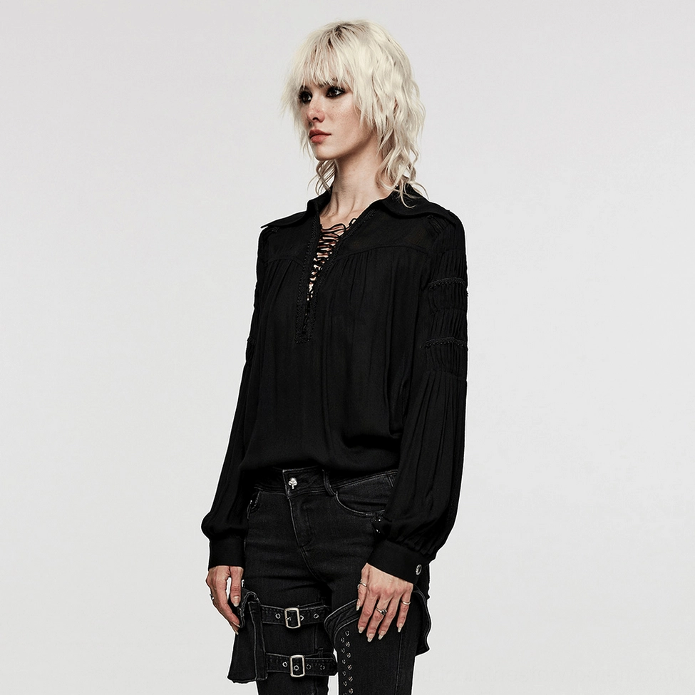 Black gothic blouse three-quarter view highlighting pleated sleeve volume and relaxed silhouette