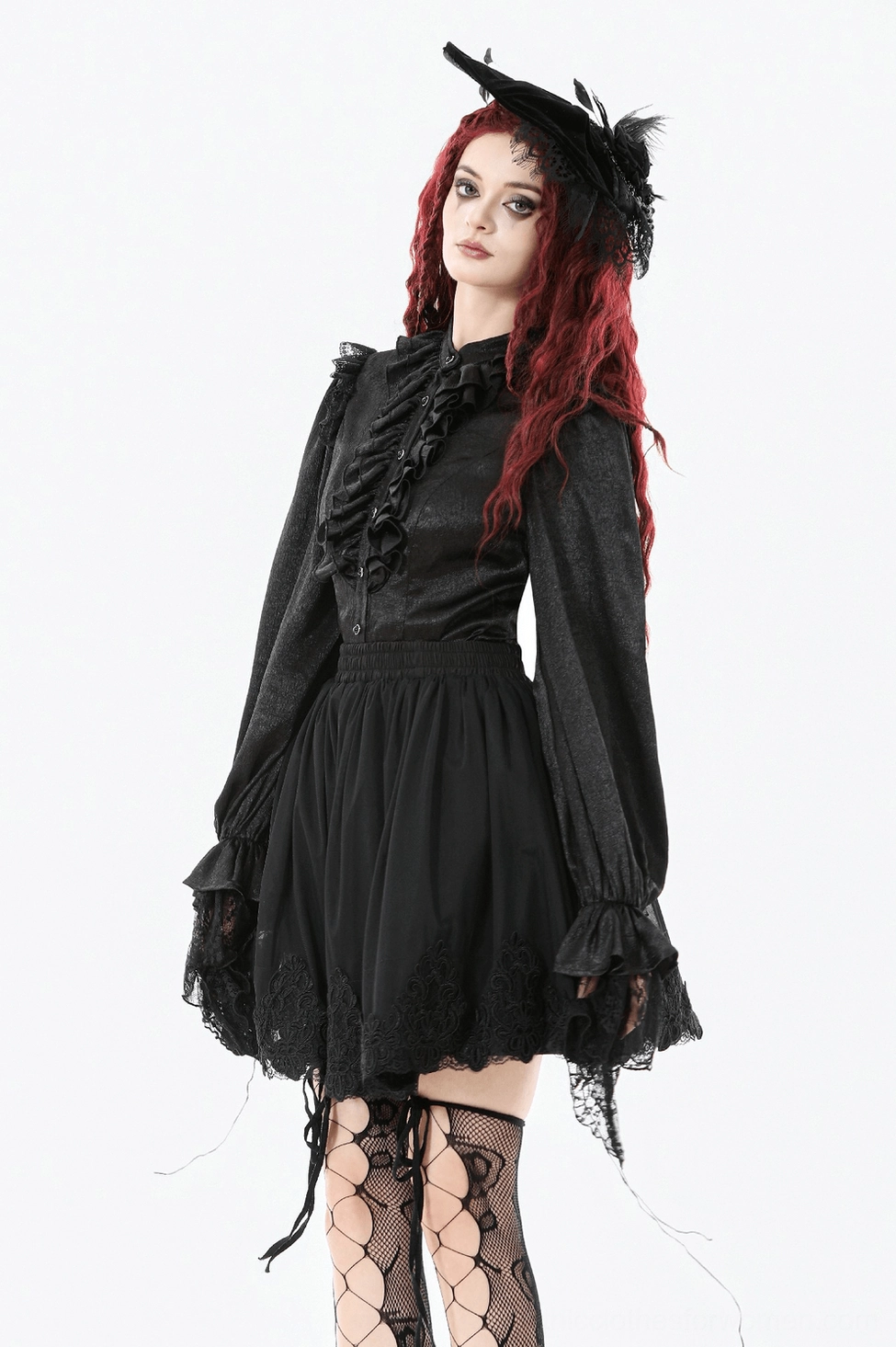 Three-quarter view of victorian gothic blouse on model showing sleeve construction and body fit