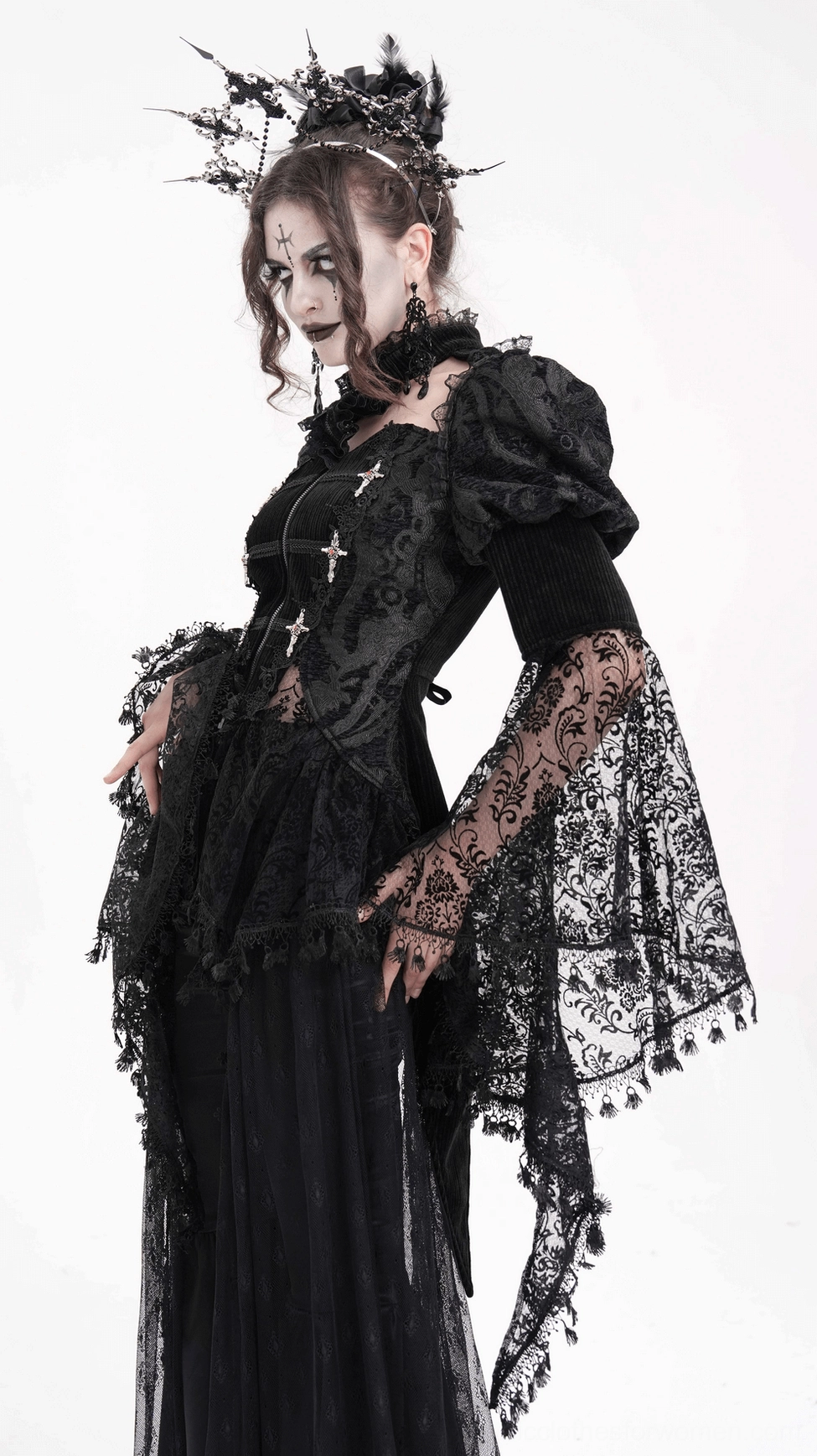 Black gothic lace blouse velvet bodice and sheer lace layering detail