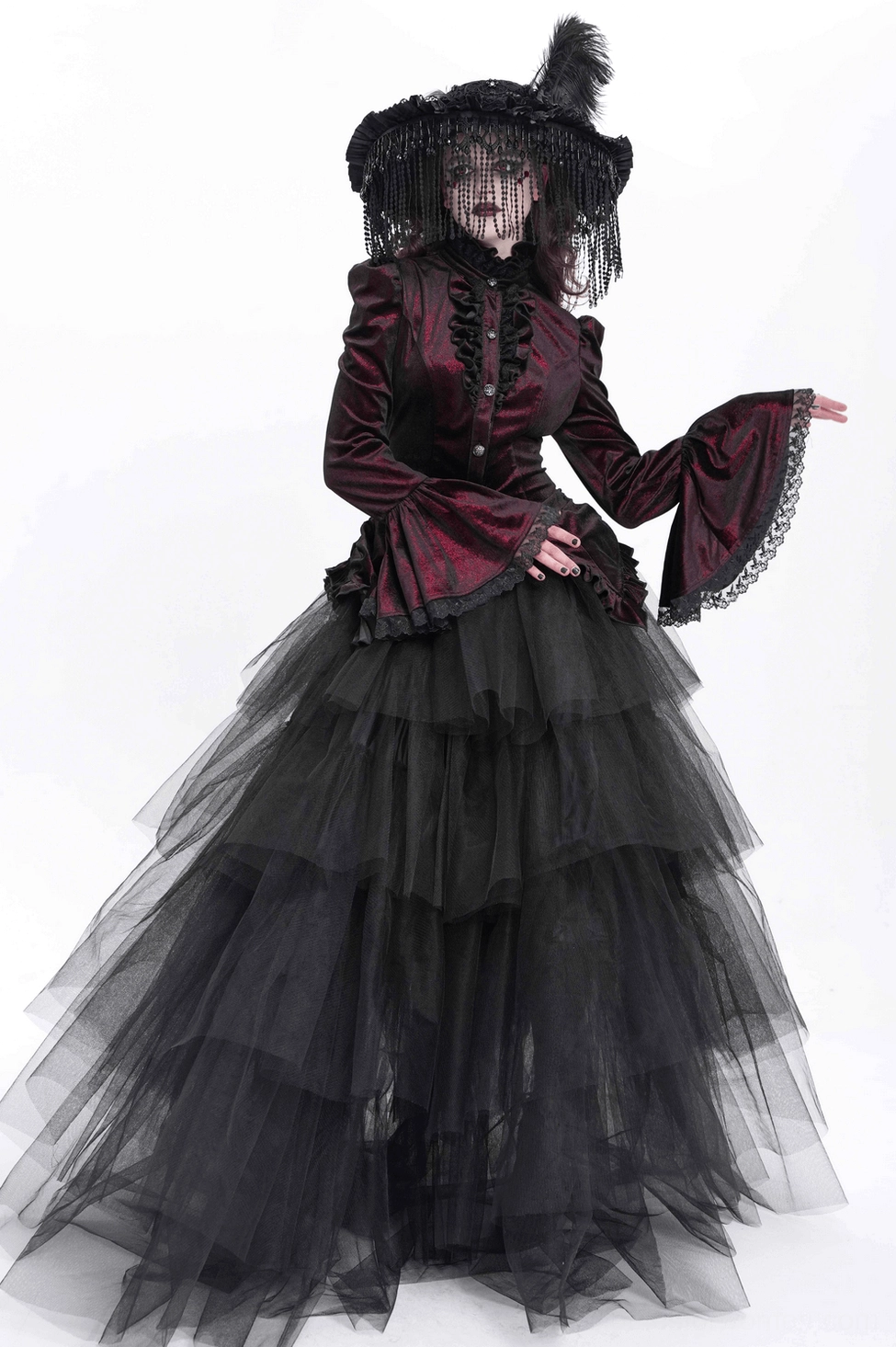 Gothic blouse fabric texture - luxurious wine red velvet with lace trim details