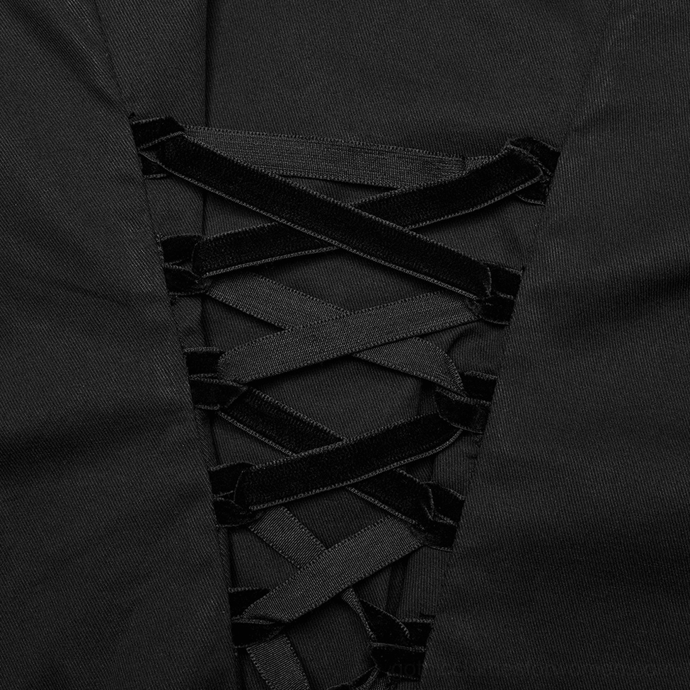 Close-up detail of velvet ribbon crisscross lace-up back closure on gothic blouse