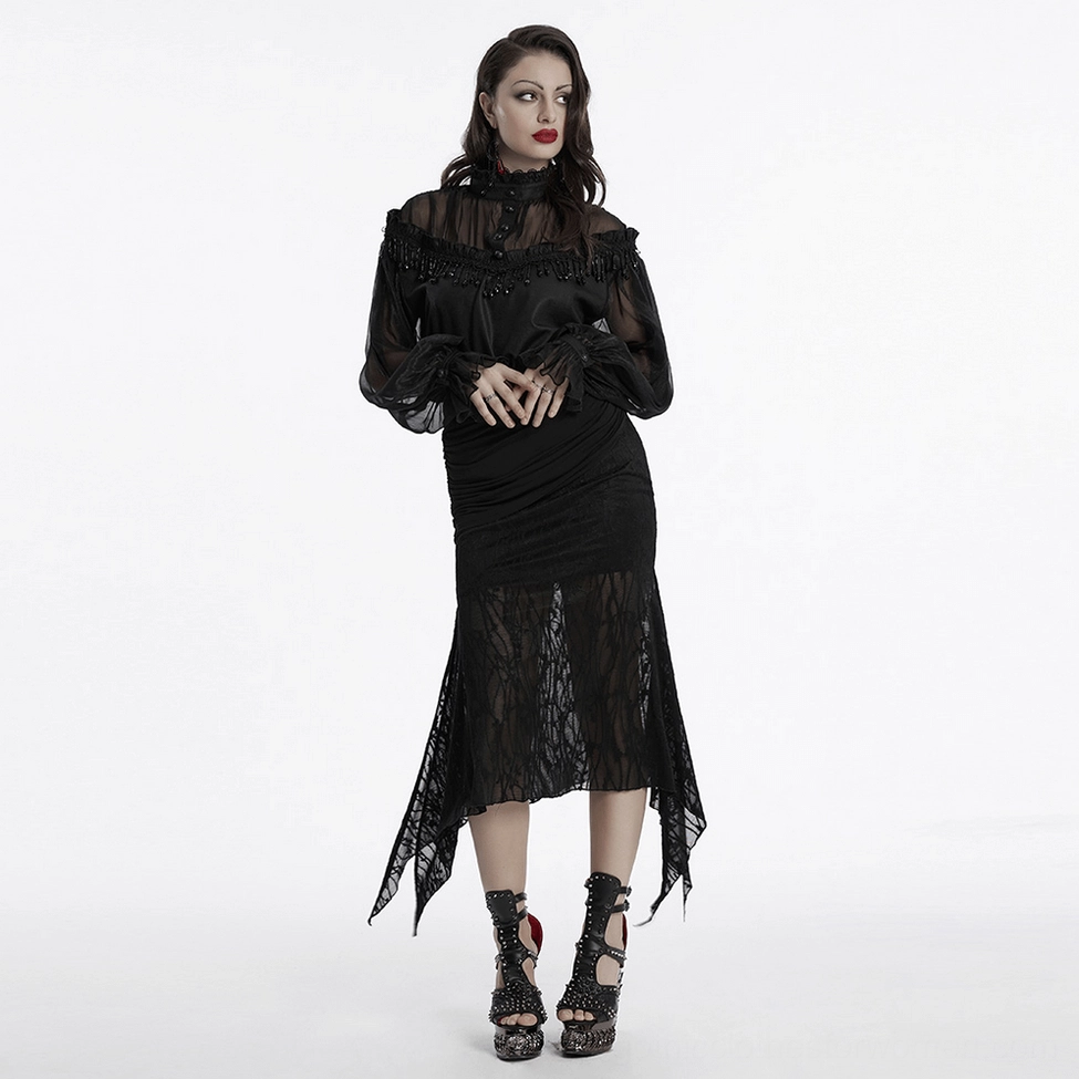 Gothic blouse showcasing Victorian-inspired ruffled details and beaded lace embellishment